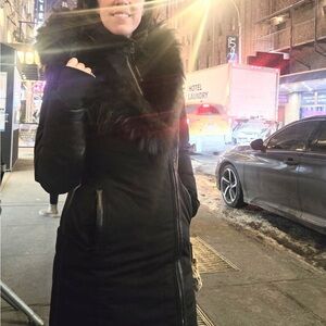 Rudsak Down coat black on black real fox fur with leather details